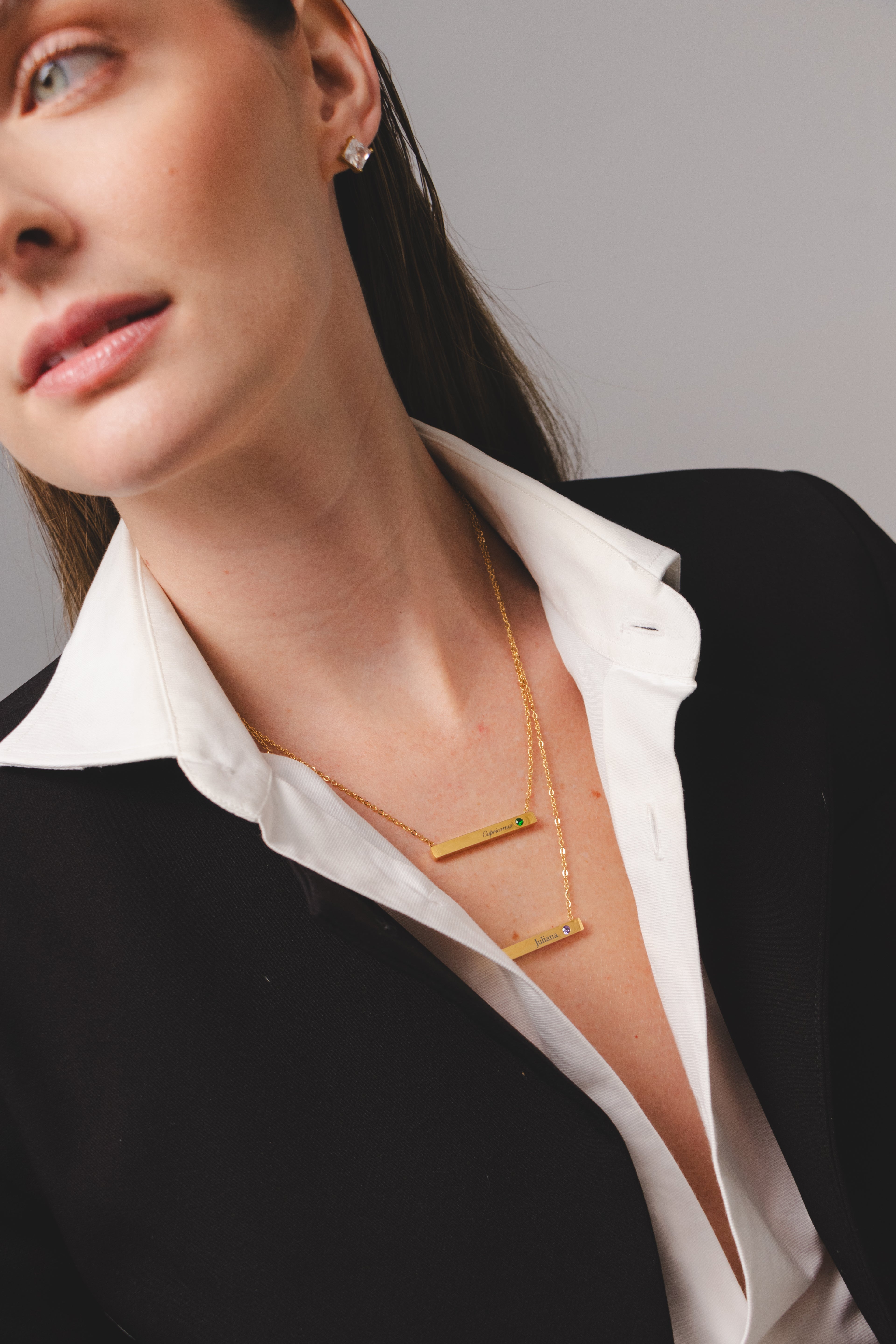 Bar Tag Necklace – Engraved (Green Zircon)